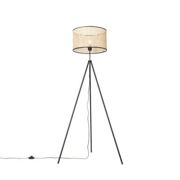 Rural floor lamp tripod black with rattan shade - Kata