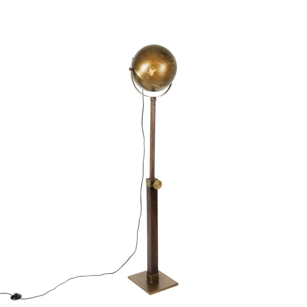 Industrial floor lamp bronze with wood adjustable - Haicha Industrial floor lamp bronze with wood adjustable - Haicha