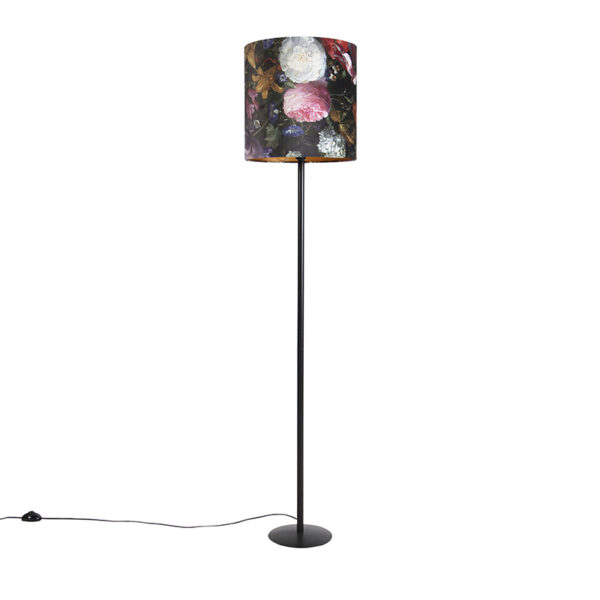 Romantic Floor Lamp Black with 40cm Velvet Floral Shade - Simplo Romantic Floor Lamp Black with 40cm Velvet Floral Shade - Simplo