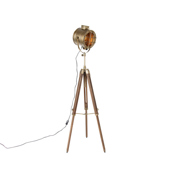Tripod floor lamp bronze with wood studio spot - Shiny Tripod floor lamp bronze with wood studio spot - Shiny