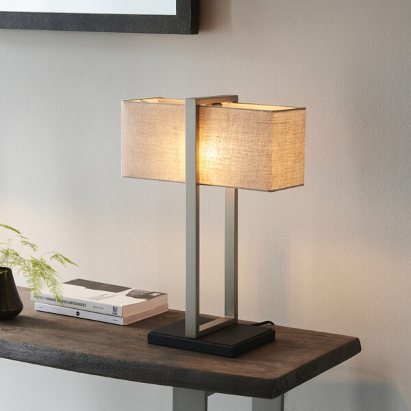 Natick Natural Fabric Table Lamp In Satin Nickel