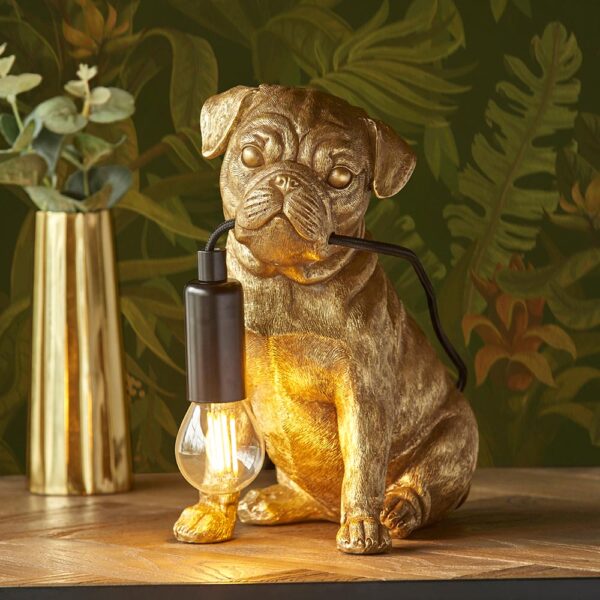 Cesme Resin Pug Puppy Shape Table Lamp In Vintage Gold
