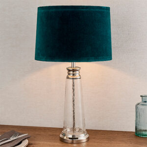 Winslet Teal Velvet Shade Table Lamp In Clear Glass Base
